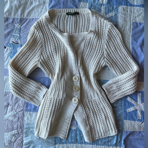 Vintage Y2K Eddie Bauer Womens Cream Knit Cottagecore Cabincore Cardigan Medium - Picture 13 of 13